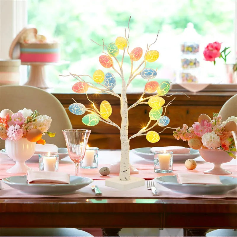 60cm birch-style Easter tree with warm white LED lights and cracked egg ornaments on a tabletop