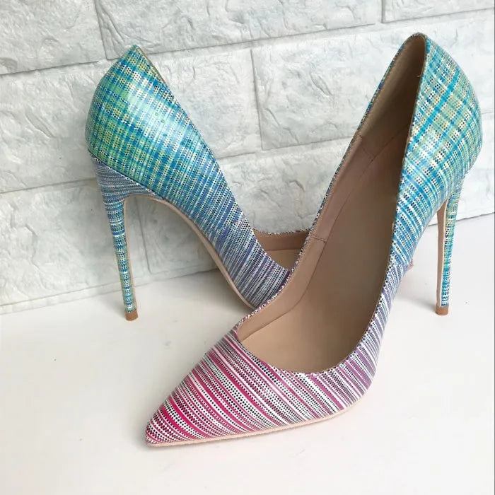 Ladies pointed-toe high heels in a pink to blue gradient patent leather with a rubber sole.