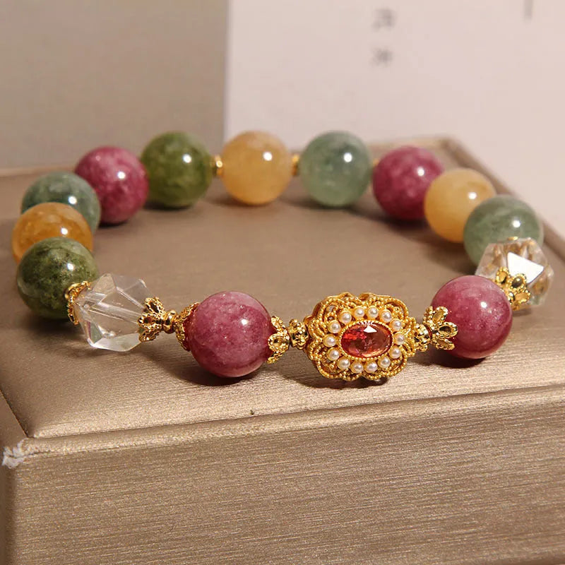 Jade colour tourmaline bracelet for women with alloy inlaid artificial gem and rhinestone details on pearl crystal base