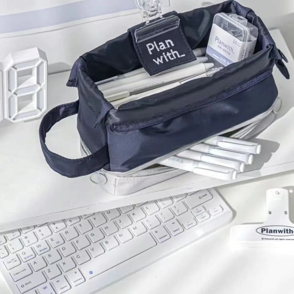 Fashion student pencil case in polyester with double layer folding design showing three colour options