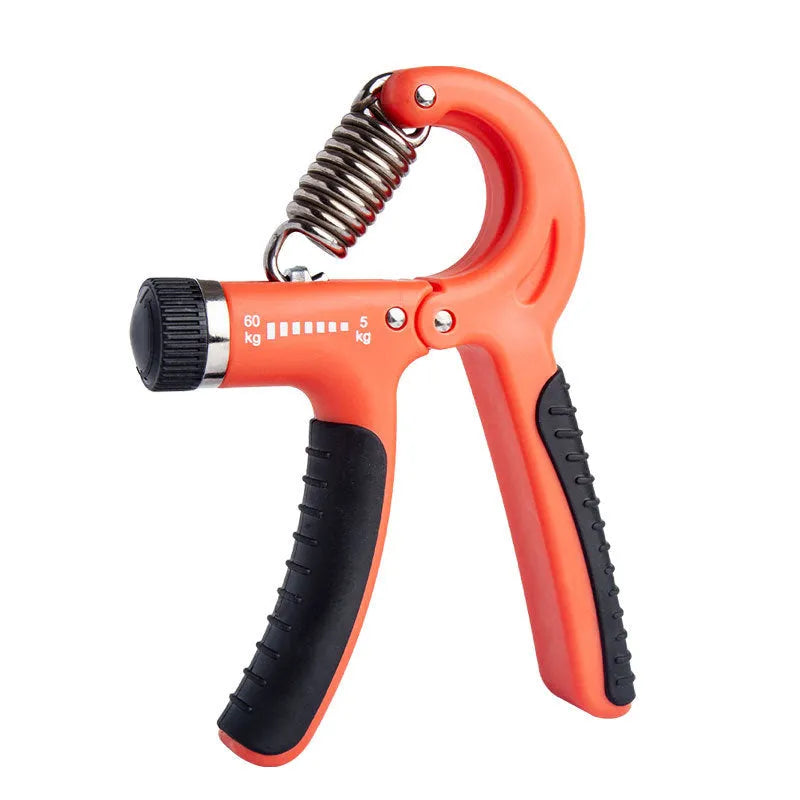 Adjustable counting hand gripper with black handles and built-in mechanical counter on a white background