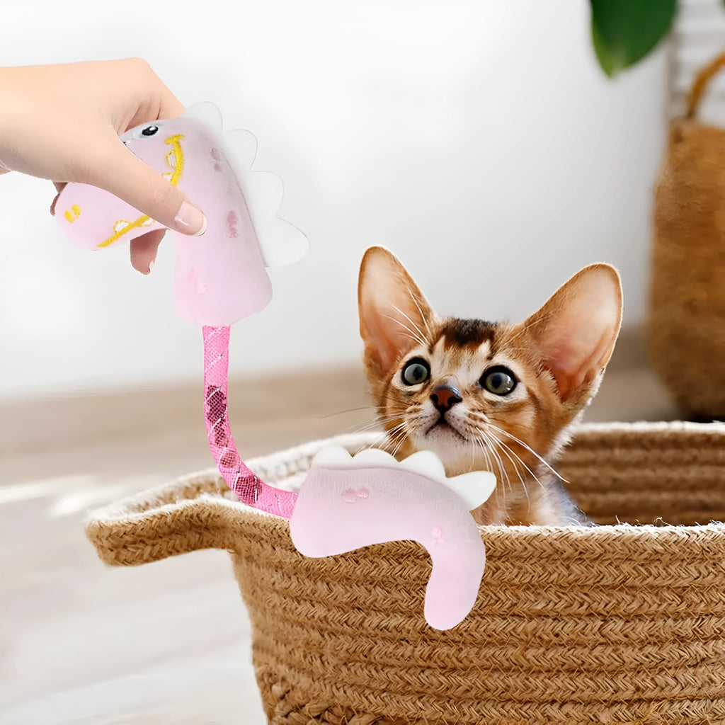 Four-piece cat toy set with rope, springs, and kicker toys in pink, purple, and yellow colours.