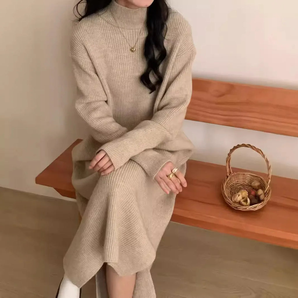 Women's half turtleneck acrylic knit dress in midi length with high waist