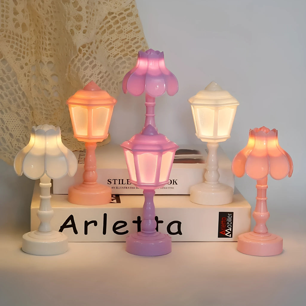 Retro pagoda lotus small night lamp in white with geometric stereo design and built-in battery