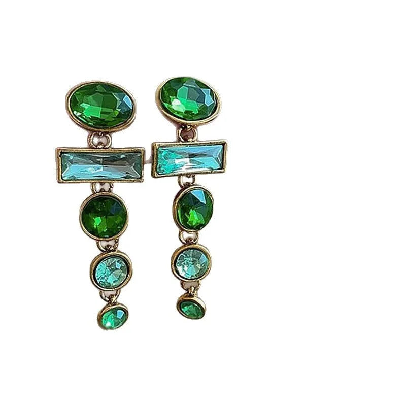 Retro green gradient Chinese style earrings with geometry shape and tassel design