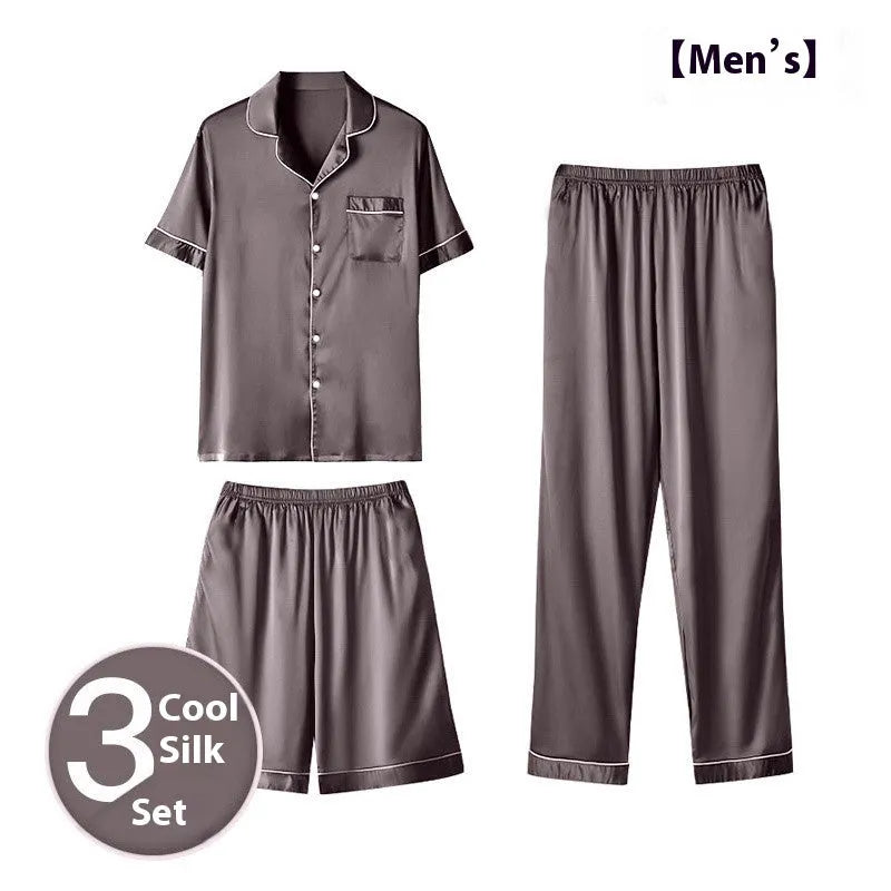 Men's ice silk three-piece home wear set in thin fabric, shown in champagne colour