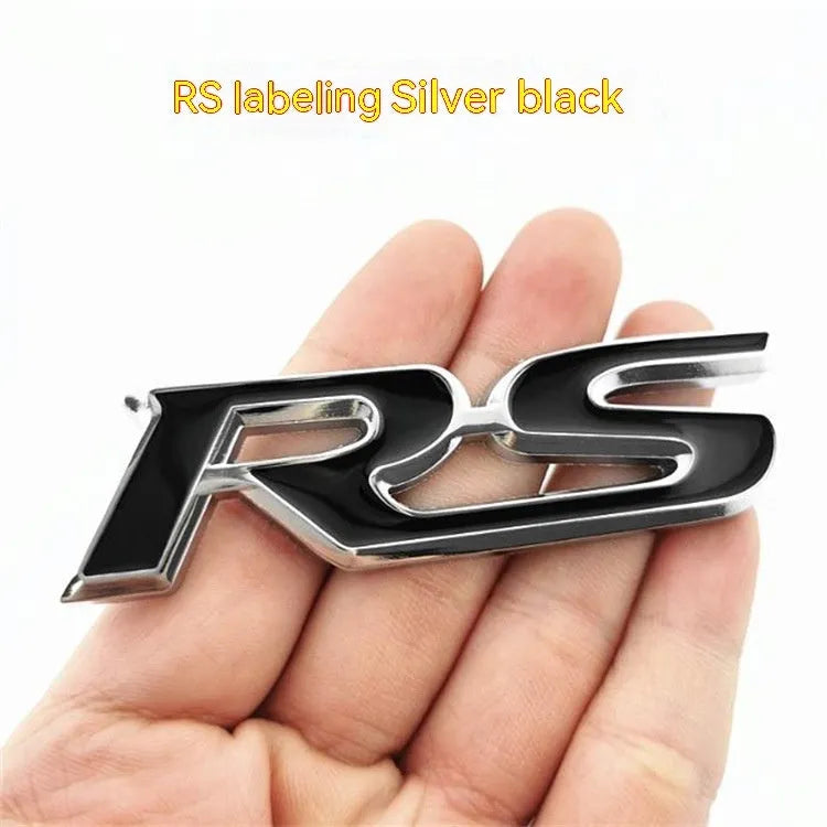 Zinc alloy metal car tail tag sticker RS series 9 x 2.4cm silver edge black