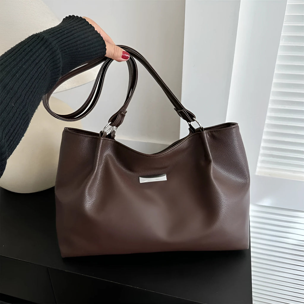 Women's large capacity PU tote shoulder bag in horizontal square shape with double straps, available in four colours
