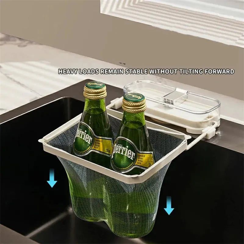 Kitchen sink filter rack with suction cups, fine mesh screen, and disposable filters in dark green gold on a sink drain