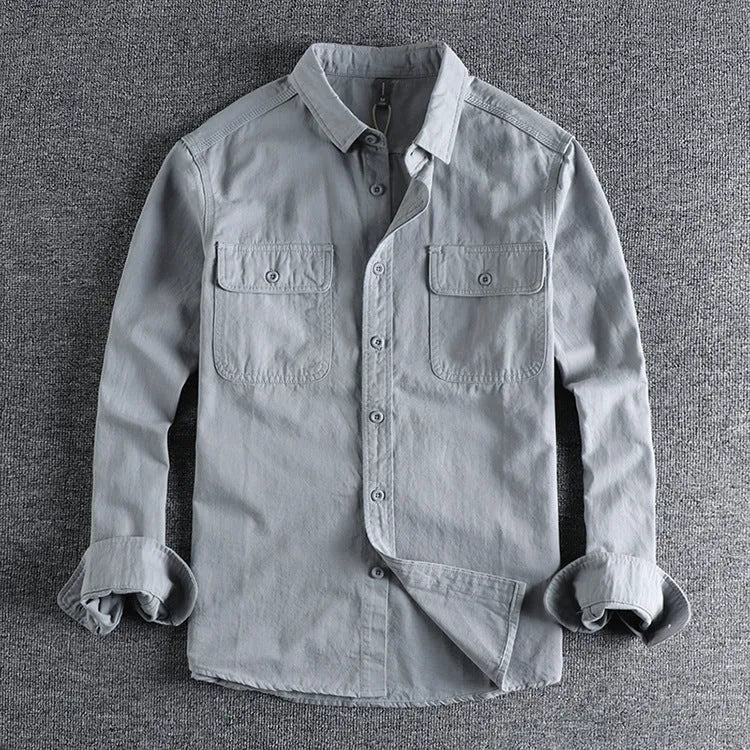 Men's loose fit long sleeve cardigan shirt in light gray, black, khaki, and green polyester fabric