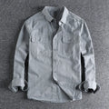 Men's loose fit long sleeve cardigan shirt in light gray, black, khaki, and green polyester fabric