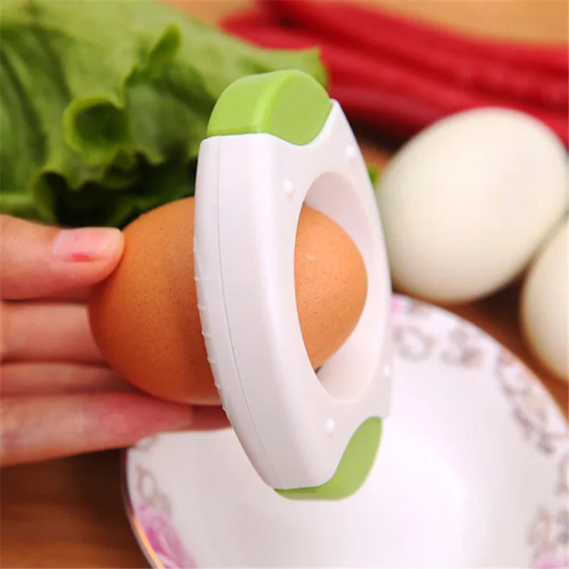 Blue egg topper gadget with stainless steel cutter and built-in strainer on white background