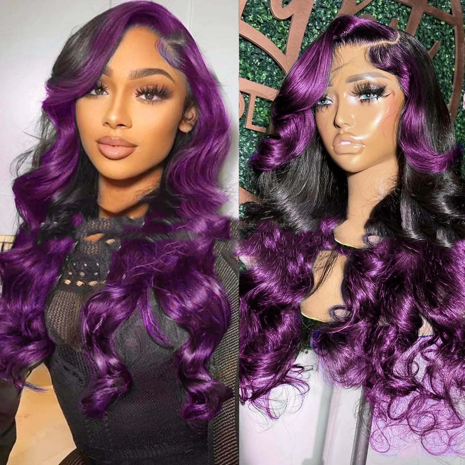 Gradient purple human hair wig with 13x6 lace front and headgear design on a mannequin head