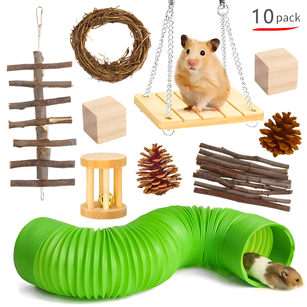 Assortment of natural wooden chew toys for small pets including mats, balls, and rings.