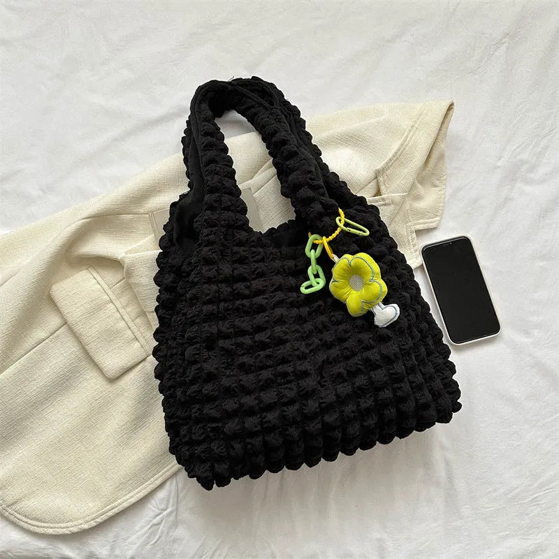 Pleated bubble bag women sweet flower design polyester soft vertical square crossbody shoulder bag with pendant in beige