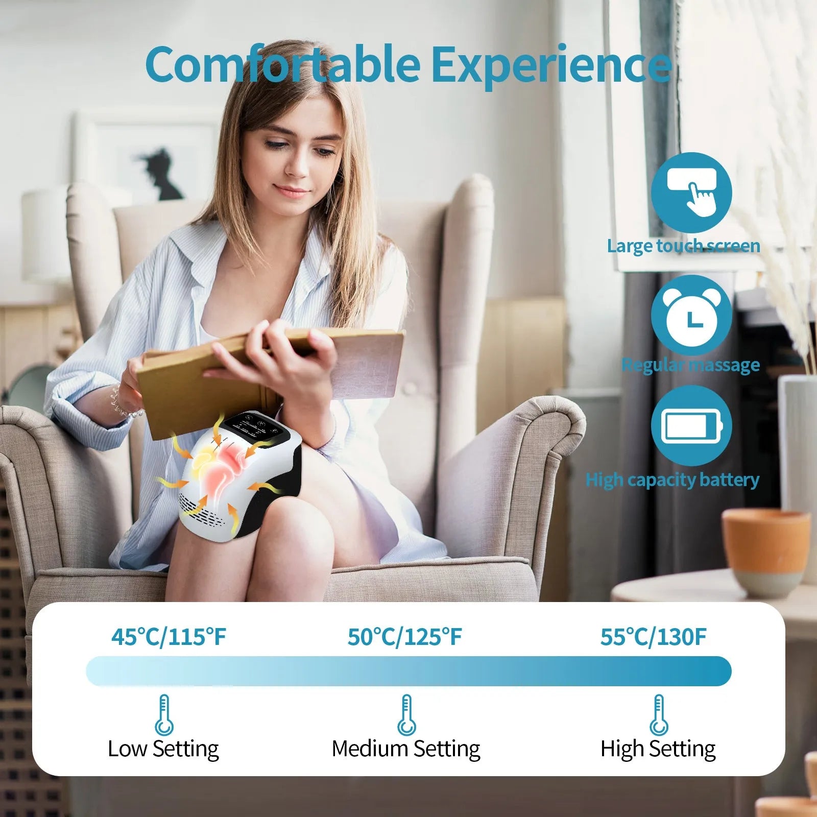 Intelligent electric knee massager in white colour with kneading, heating, infrared laser, and vibration functions