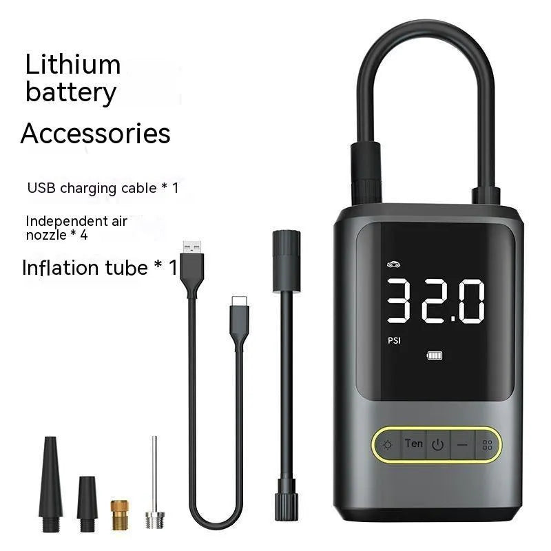 Handheld wireless digital display air pump with LED light and assortment of air nozzles