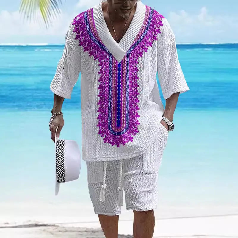 Men's printed drop-shoulder knitted short-sleeve top and matching shorts set on a hanger.