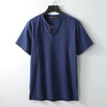 Summer loose cotton V-neck short sleeve top in blue, front view, with simple pullover design