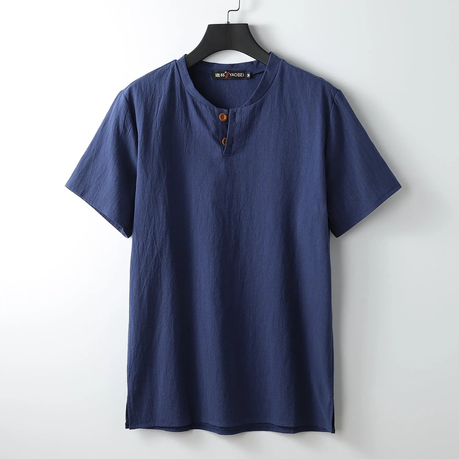 Summer loose cotton V-neck short sleeve top in blue, front view, with simple pullover design