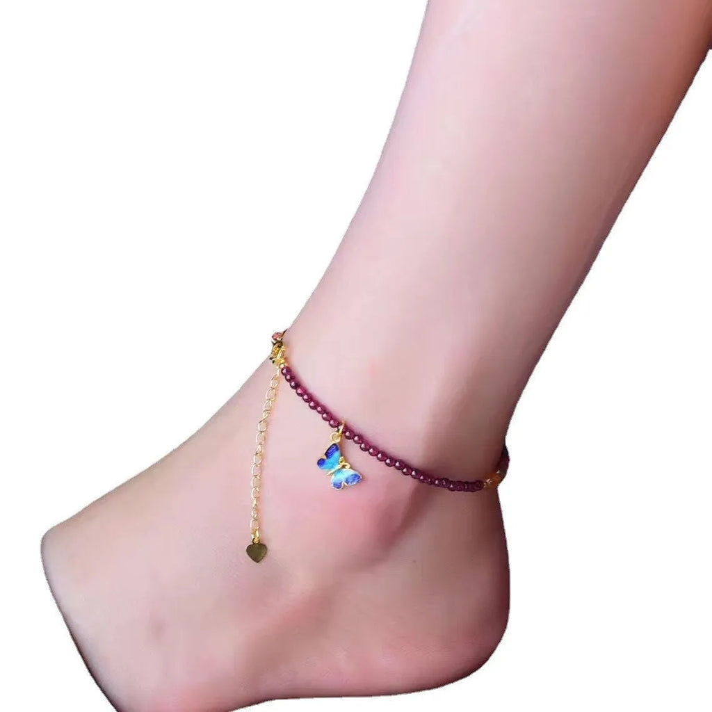 Natural garnet women's purple ethnic geometric anklet on ankle
