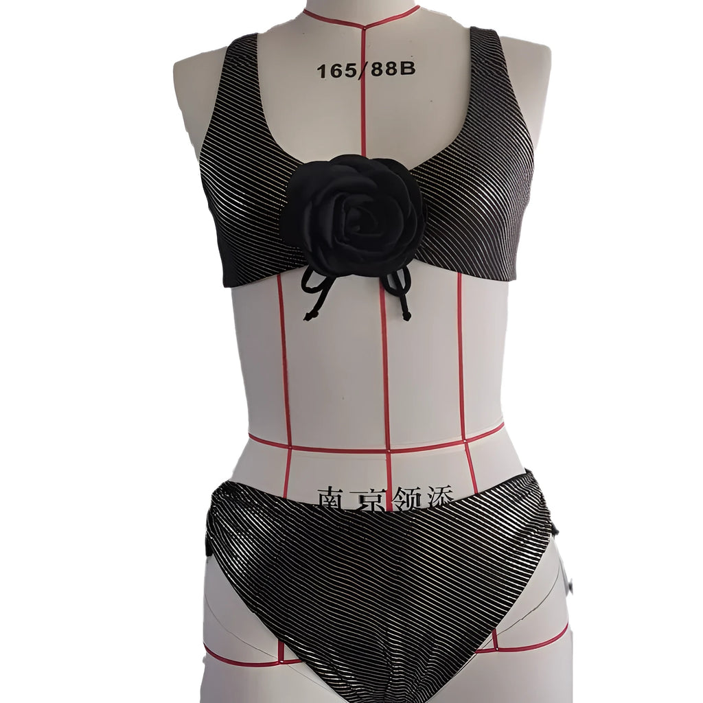 Black 3D stereo triangle swimsuit top for women, polyester, sleeveless, beach swimwear