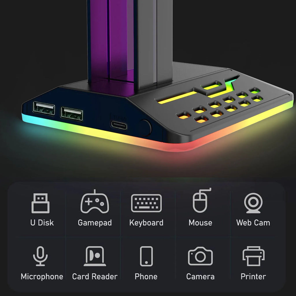 RGB colour changing headset display bracket with dual USB ports holding gaming headphones