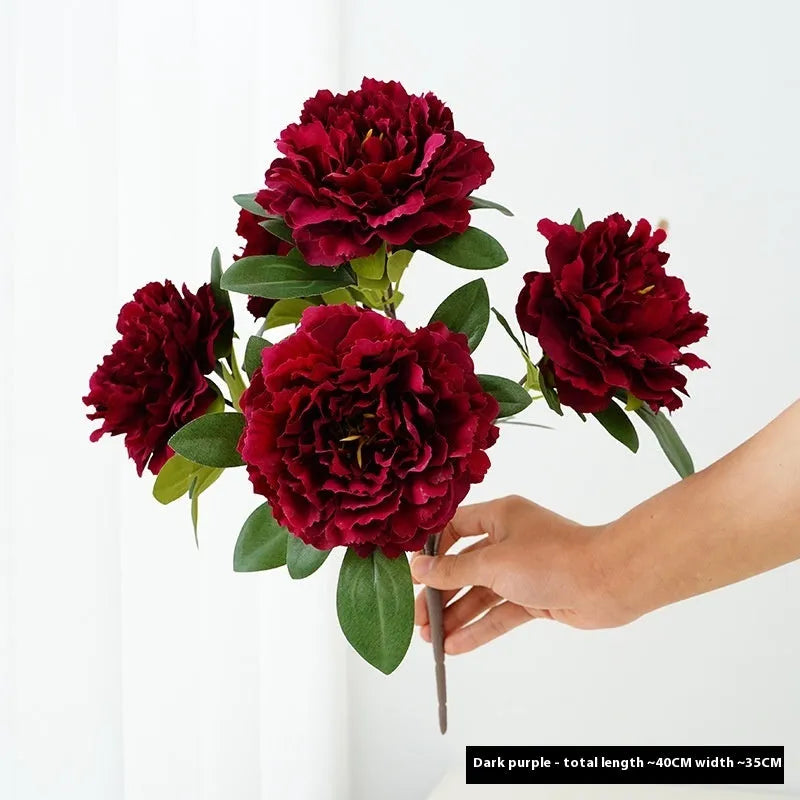 Artificial 5-head peony silk bouquet 40cm in light champagne colour for wedding decor