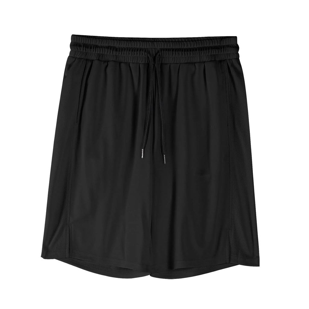 Men's black quick-drying mesh shorts with elastic waistband and loose fit for sports casual wear