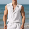 Sleeveless linen polo collar cardigan vest in light blue, loose fit, on a white background