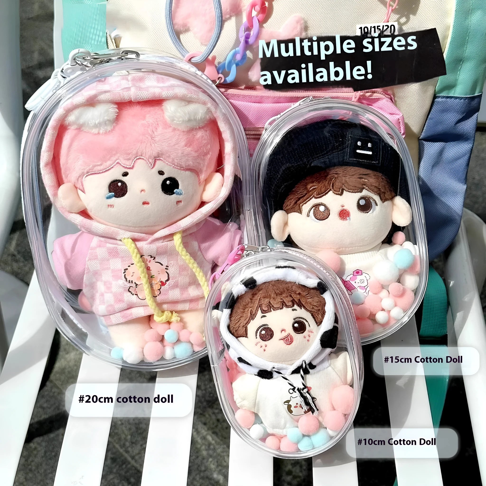 Transparent PVC cube storage bag in 13cm, 17cm, or 23cm size with keychain for dolls, postcards, or candy.