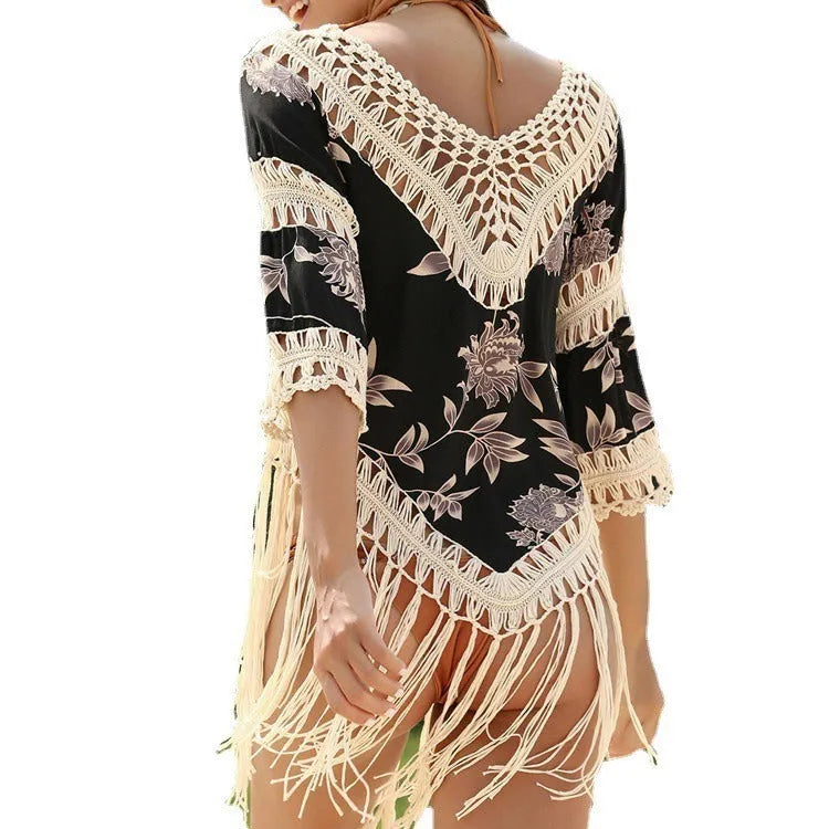 Women's apricot sun protection blouse with V-neck and hollow-out sleeves for beach activities