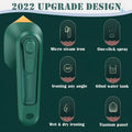 Handheld portable garment ironing machine in dark green with large titanium panel, UK plug