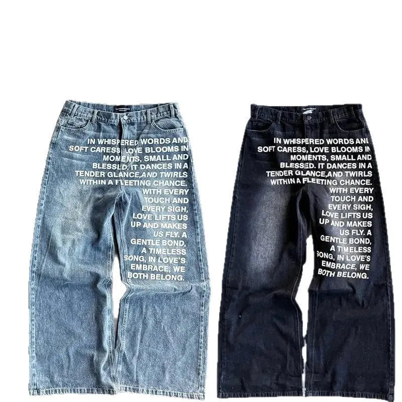 Men's casual loose wide-leg straight cotton trousers in black, front view, sizes S to XXL