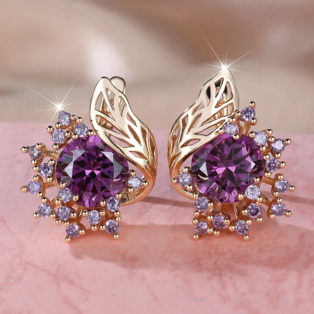 Round flower feather earrings with zircon stones in champagne gold finish, showing six colour variations