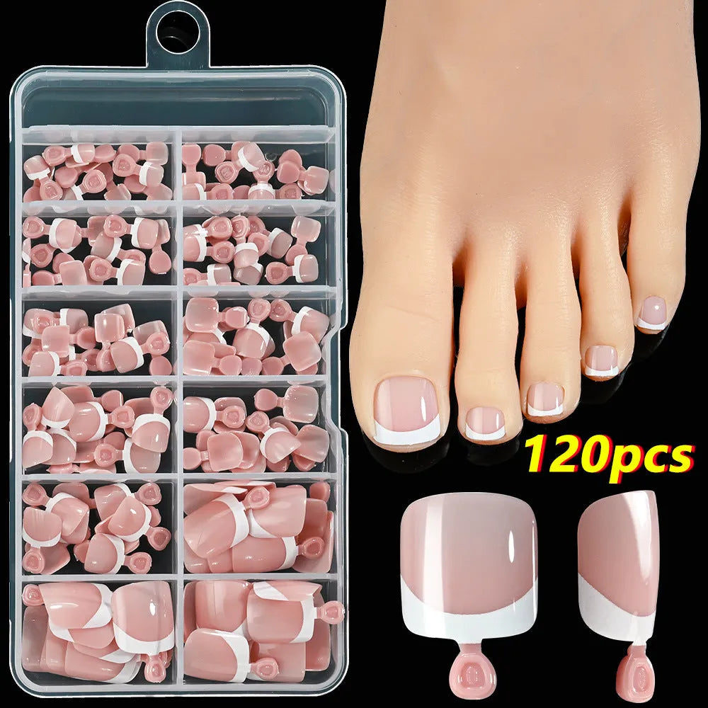 120 piece French white edge false toe nails in nude colours, full square short shape.