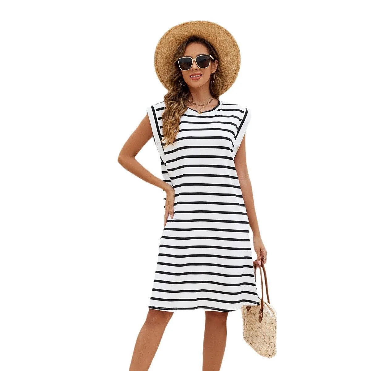 Black and white striped polyester beach cover-up blouse for women, free size