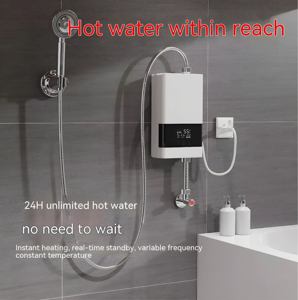 Instant electric water heater with LED touch screen display and remote control for kitchen or shower use.