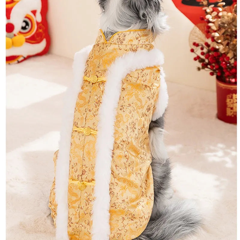 Chinese-style cotton-padded pet coat for large dogs in red with dragon embroidery and rabbit fur collar
