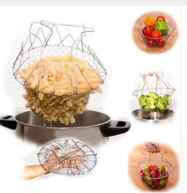 Stainless steel foldable deep fry basket 23cm with grid and handle for home kitchen use