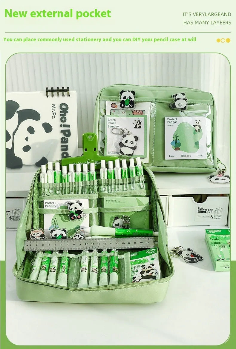 Green 12-layer canvas pencil case with panda motif and open layers showing pen storage