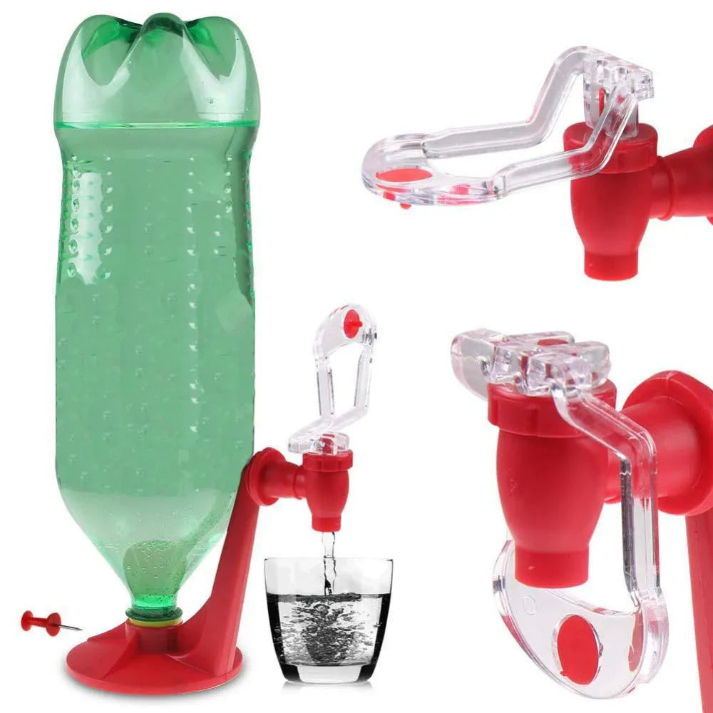 Red plastic Magic Tap soda dispenser mounted on inverted 2-litre bottle