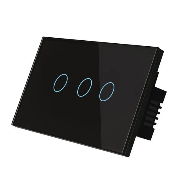 White 2-gang RF remote control light switch with tempered glass touch panel and LED indicators