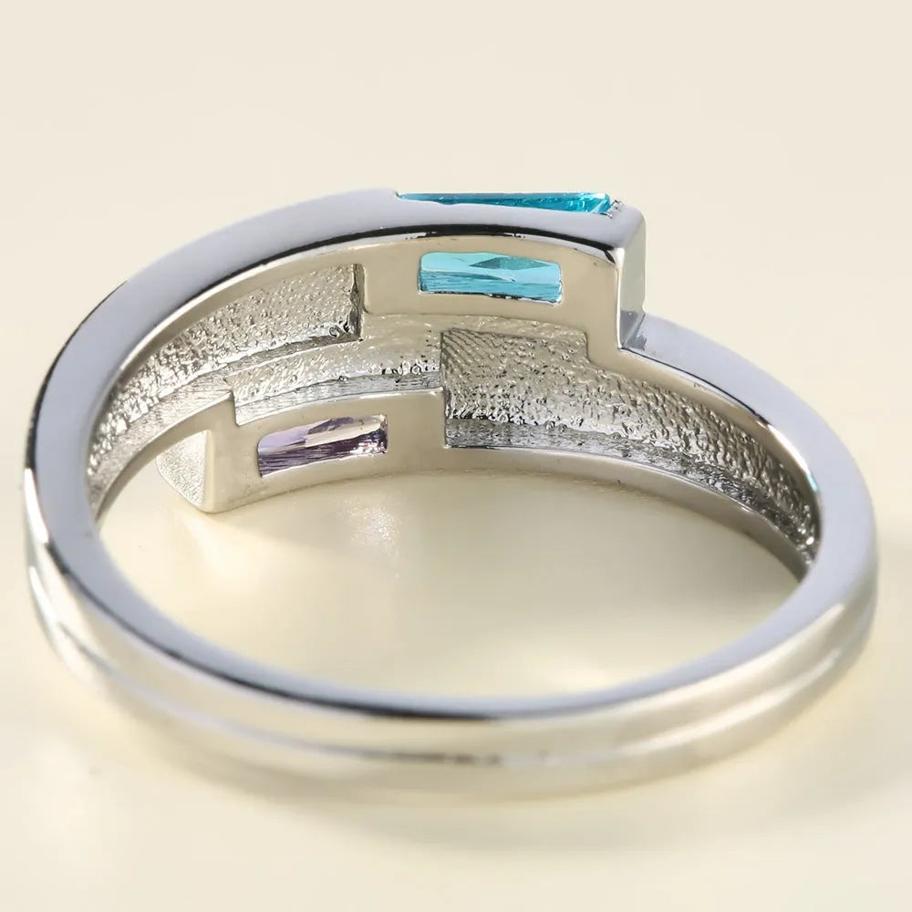 Copper ring with electroplated silver finish and zircon detailing in European-American style