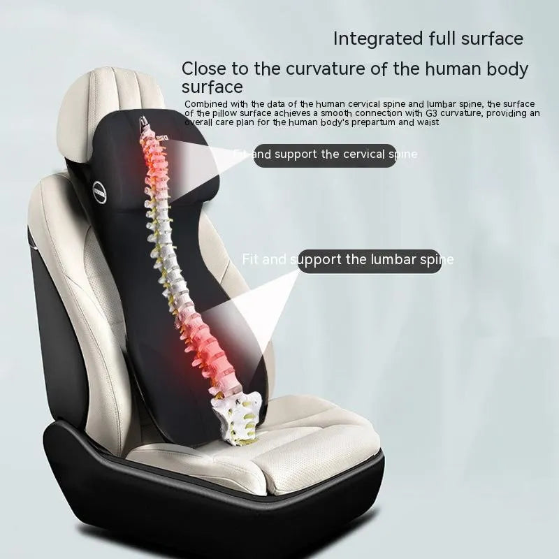 Black memory foam automotive waist cushion and headrest lumbar support pillow set on a car seat.
