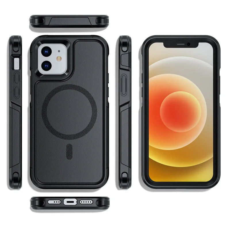 Shatterproof magnetic phone case for iPhone 12 13 series – black PC TPU back cover