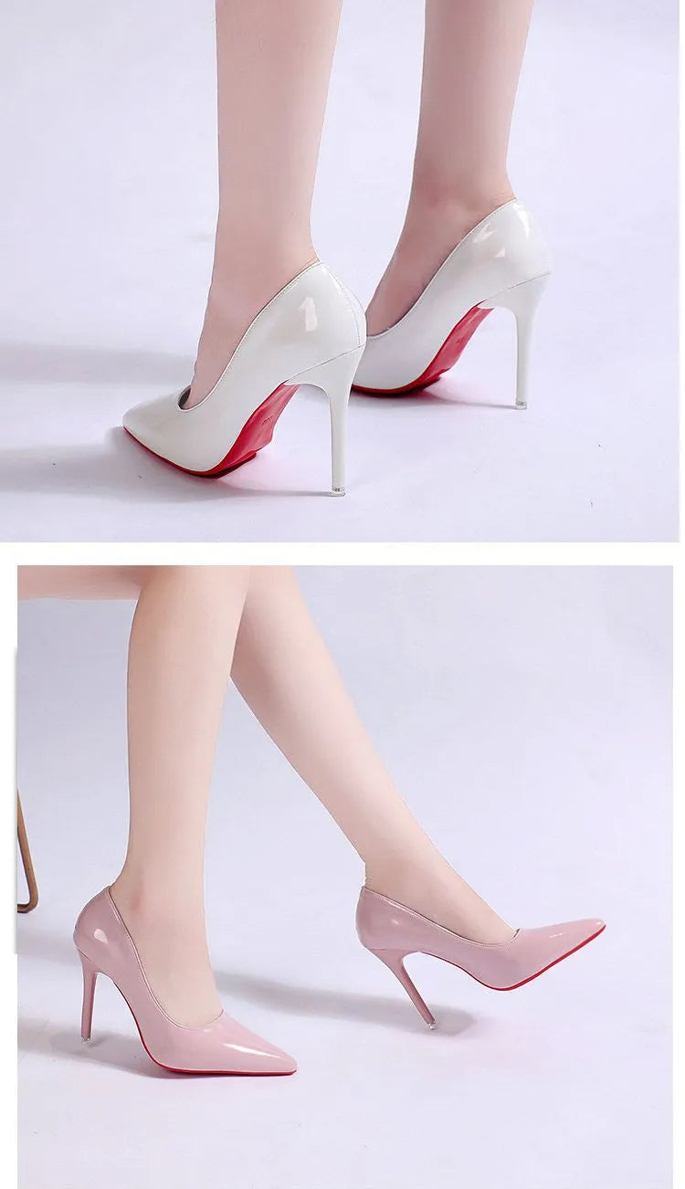 Women's solid colour pointed toe stiletto pump on a white background.