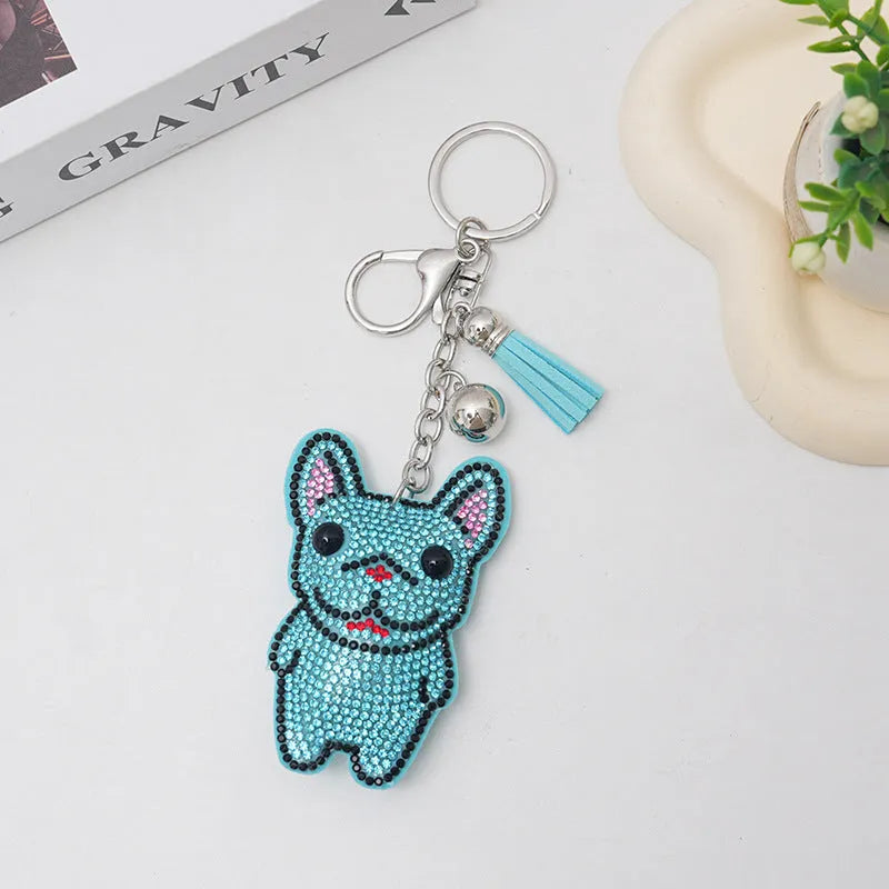 French dog rhinestone keychain pendant with cartoon animal charm on alloy base