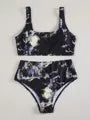 Women's marble tie-dye high-waist separated swimwear bikini with U-neck top