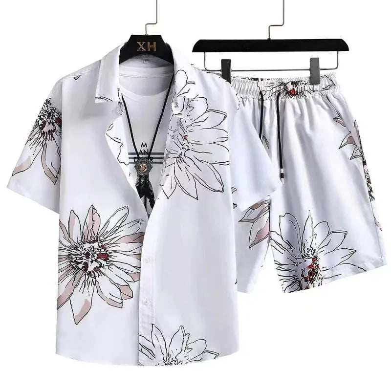 Men's digital print short sleeve cardigan suit with matching shorts in polyester fabric
